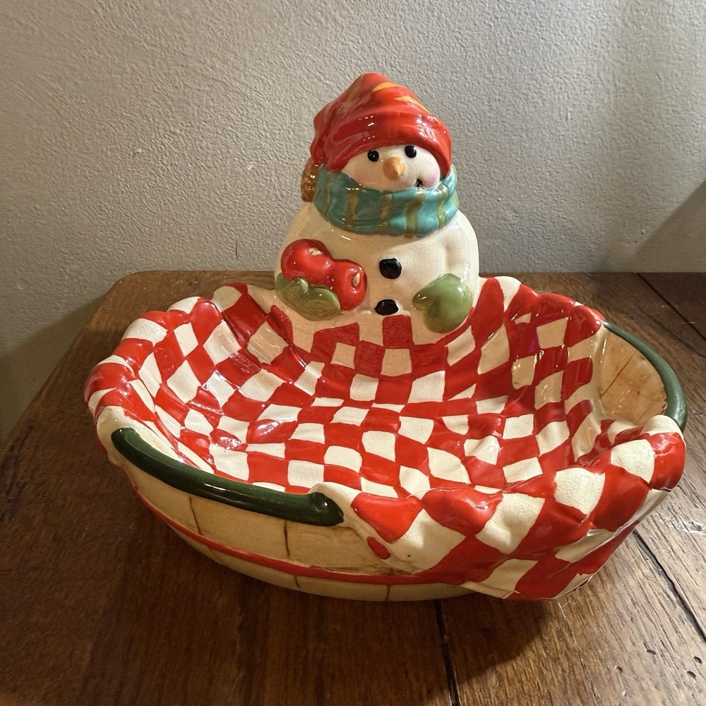 Hallmark Mitford Snowman Ceramic Candy Dish Faux Crazing Jan Karon Vintage